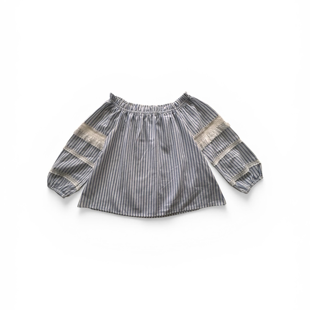 Women's Linen Striped Off-Shoulder Top with Lace Trim - blue